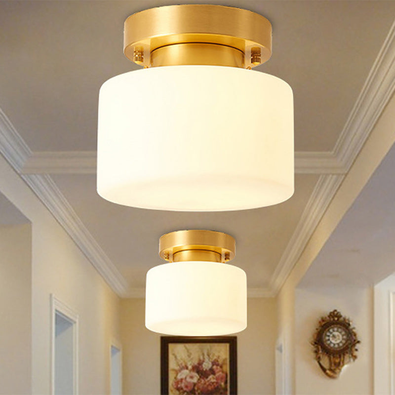 Traditional Chinese Brass Cylindrical Square 1-Light Semi-Flush Mount Ceiling Light For Living Room