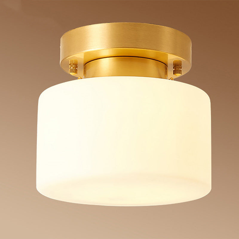 Traditional Chinese Brass Cylindrical Square 1-Light Semi-Flush Mount Ceiling Light For Living Room