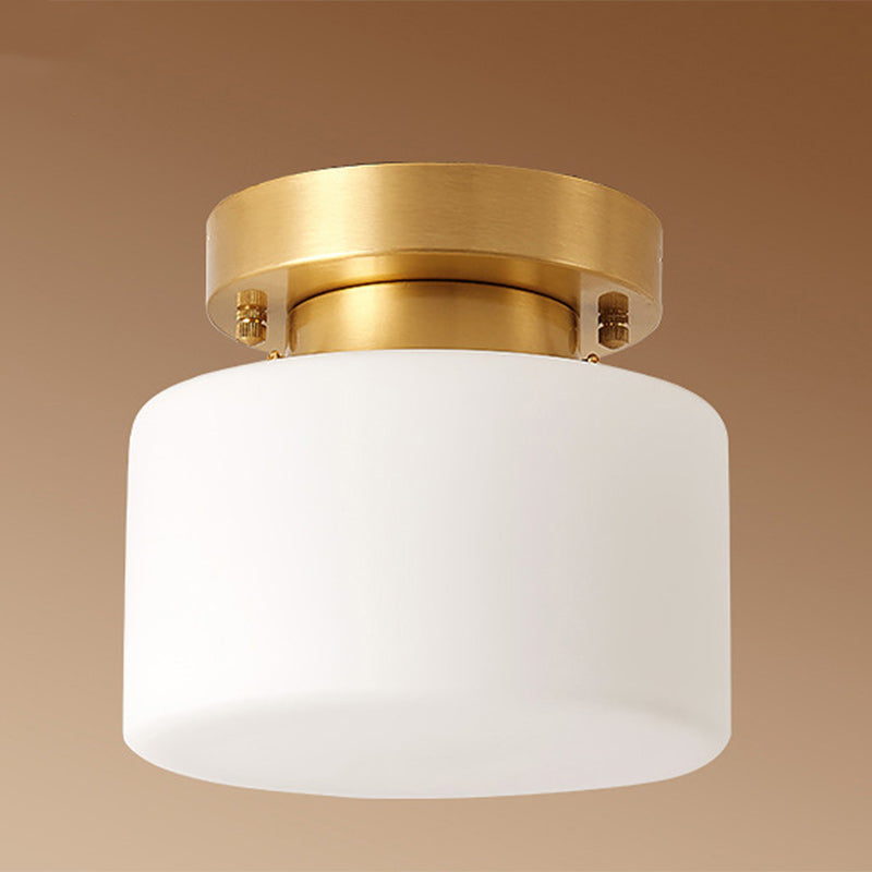 Traditional Chinese Brass Cylindrical Square 1-Light Semi-Flush Mount Ceiling Light For Living Room