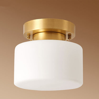Traditional Chinese Brass Cylindrical Square 1-Light Semi-Flush Mount Ceiling Light For Living Room
