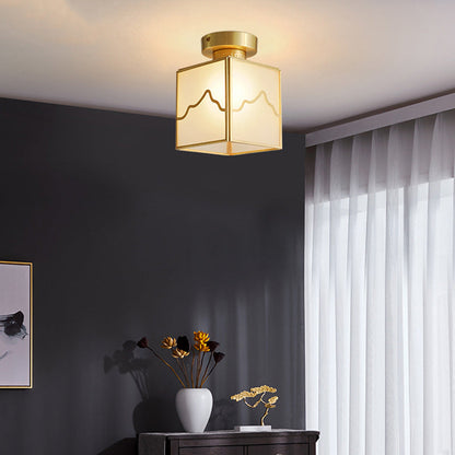 Traditional Chinese Brass Cylindrical Square 1-Light Semi-Flush Mount Ceiling Light For Living Room