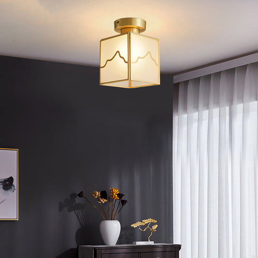 Traditional Chinese Brass Cylindrical Square 1-Light Semi-Flush Mount Ceiling Light For Living Room