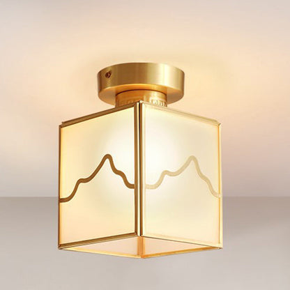 Traditional Chinese Brass Cylindrical Square 1-Light Semi-Flush Mount Ceiling Light For Living Room