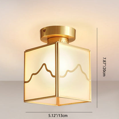 Traditional Chinese Brass Cylindrical Square 1-Light Semi-Flush Mount Ceiling Light For Living Room