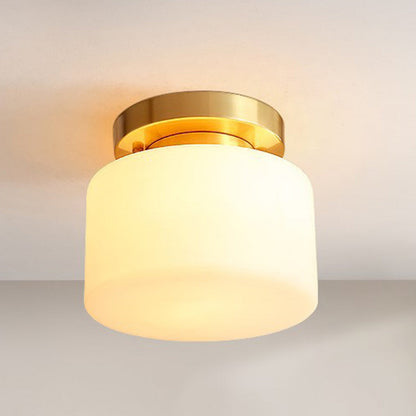 Traditional Chinese Brass Cylindrical Square 1-Light Semi-Flush Mount Ceiling Light For Living Room