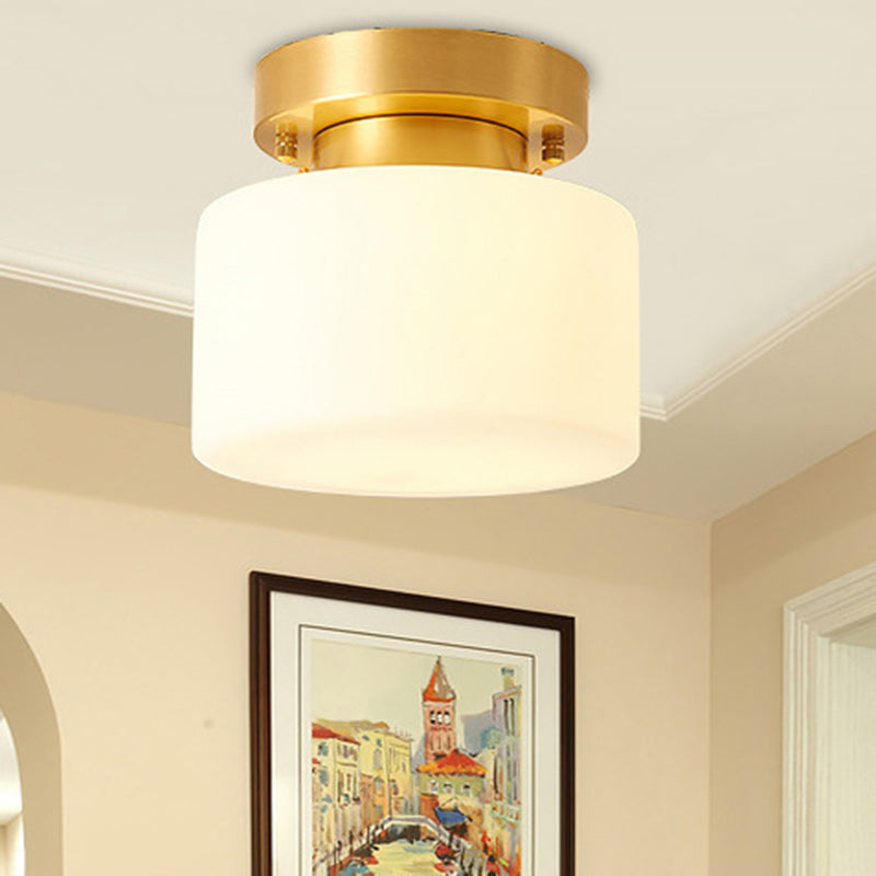 Traditional Chinese Brass Cylindrical Square 1-Light Semi-Flush Mount Ceiling Light For Living Room