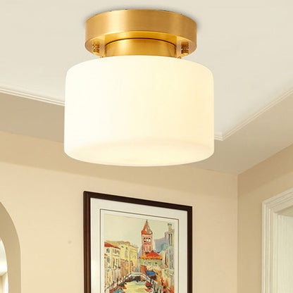 Traditional Chinese Brass Cylindrical Square 1-Light Semi-Flush Mount Ceiling Light For Living Room