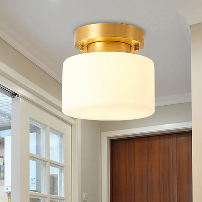 Traditional Chinese Brass Cylindrical Square 1-Light Semi-Flush Mount Ceiling Light For Living Room