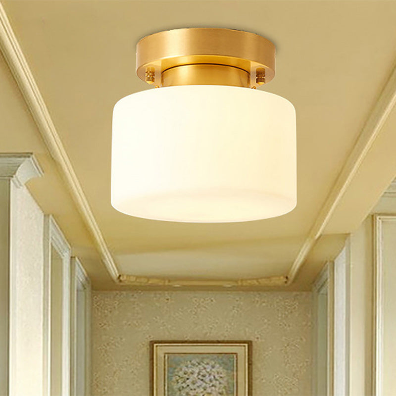 Traditional Chinese Brass Cylindrical Square 1-Light Semi-Flush Mount Ceiling Light For Living Room
