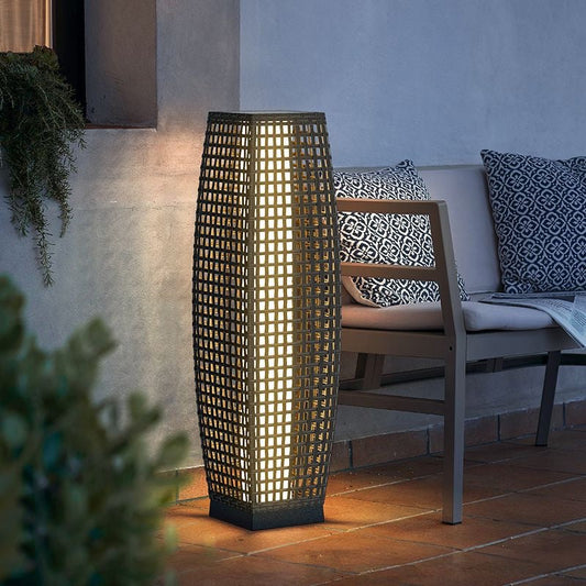 Modern Art Deco Outdoor Solar Column Hollow Projection PE Faux Rattan Hardware LED Standing Floor Lamp For Garden