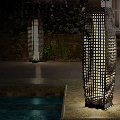 Modern Art Deco Outdoor Solar Column Hollow Projection PE Faux Rattan Hardware LED Standing Floor Lamp For Garden