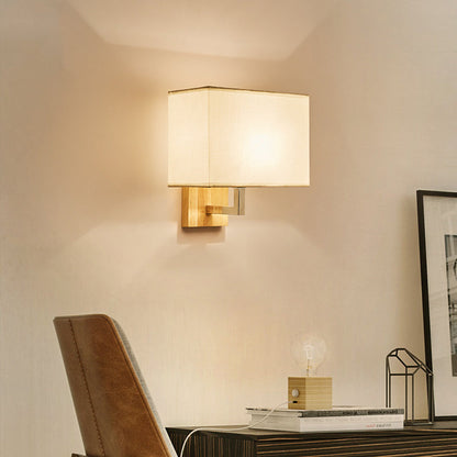 Modern Minimalist Iron Wood Fabric Rectangular 1-Light Wall Sconce Lamp For Bedroom