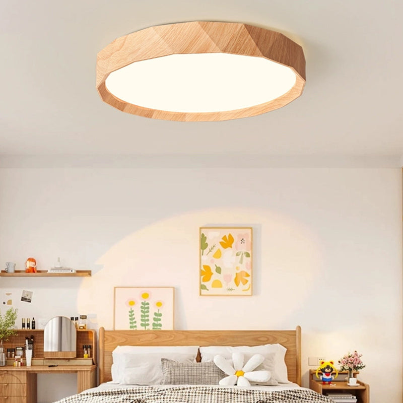 مصباح سقف LED دائري هندسي مصنوع من خشب المطاط والأكريليك بتصميم عصري بسيط لغرفة النوم وغرفة المعيشة