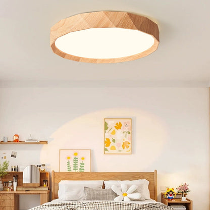 مصباح سقف LED دائري هندسي مصنوع من خشب المطاط والأكريليك بتصميم عصري بسيط لغرفة النوم وغرفة المعيشة