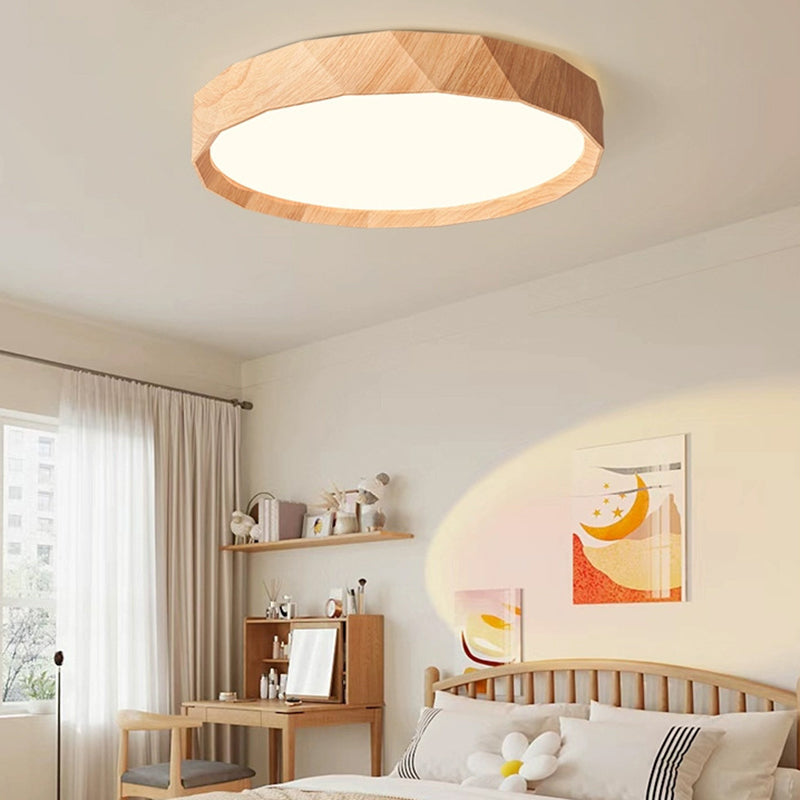 مصباح سقف LED دائري هندسي مصنوع من خشب المطاط والأكريليك بتصميم عصري بسيط لغرفة النوم وغرفة المعيشة