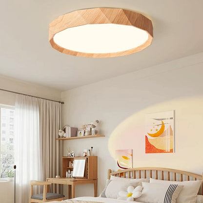 مصباح سقف LED دائري هندسي مصنوع من خشب المطاط والأكريليك بتصميم عصري بسيط لغرفة النوم وغرفة المعيشة