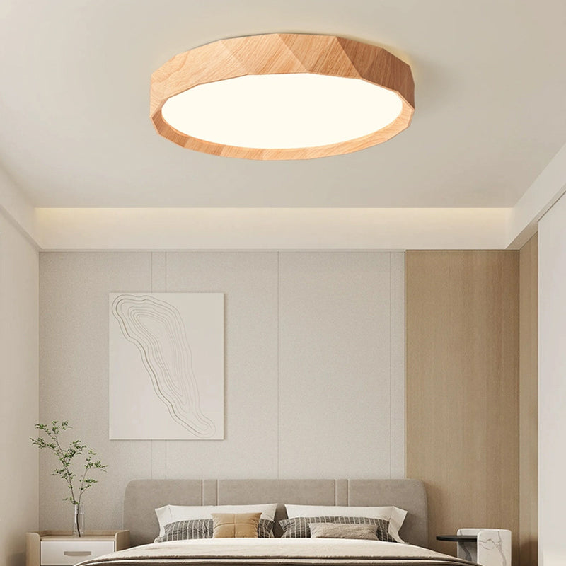 مصباح سقف LED دائري هندسي مصنوع من خشب المطاط والأكريليك بتصميم عصري بسيط لغرفة النوم وغرفة المعيشة