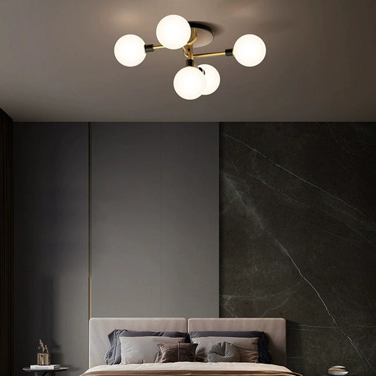 Contemporary Creative Brass & Glass Curved Round 5-Light Semi-Flush Mount Ceiling Light For Bedroom And Living Room