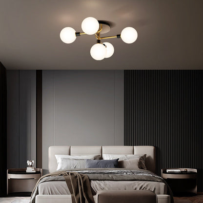 Contemporary Creative Brass & Glass Curved Round 5-Light Semi-Flush Mount Ceiling Light For Bedroom And Living Room
