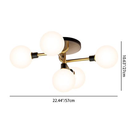 Contemporary Creative Brass & Glass Curved Round 5-Light Semi-Flush Mount Ceiling Light For Bedroom And Living Room