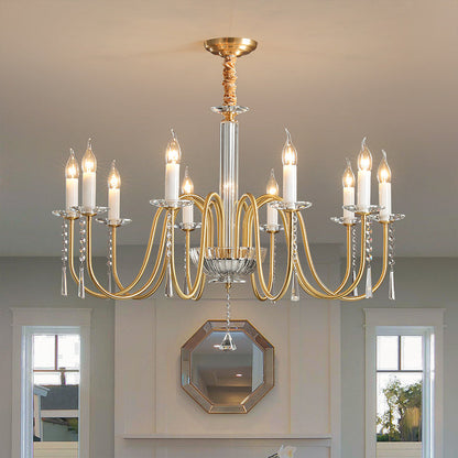 Traditional French Brass & Crystal Candle-Style 6/8/10-Light Chandelier For Bedroom, Living Room, Dining Room