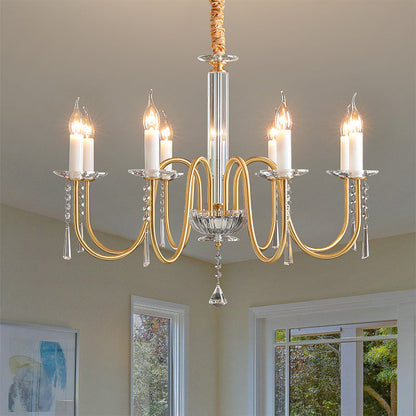 Traditional French Brass & Crystal Candle-Style 6/8/10-Light Chandelier For Bedroom, Living Room, Dining Room