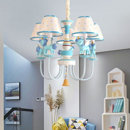 Contemporary Creative Iron & Resin Round Tapered 5-Light Unicorn Chandelier For Kids Bedroom And Living Room