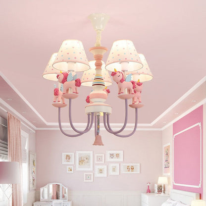 Contemporary Creative Iron & Resin Round Tapered 5-Light Unicorn Chandelier For Kids Bedroom And Living Room