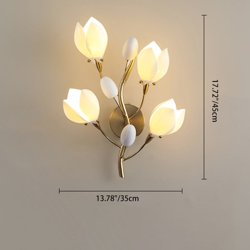 Contemporary Creative Iron & Ceramic Magnolia-Shaped 4-Light Wall Sconce Lamp For Bedroom & Living Room