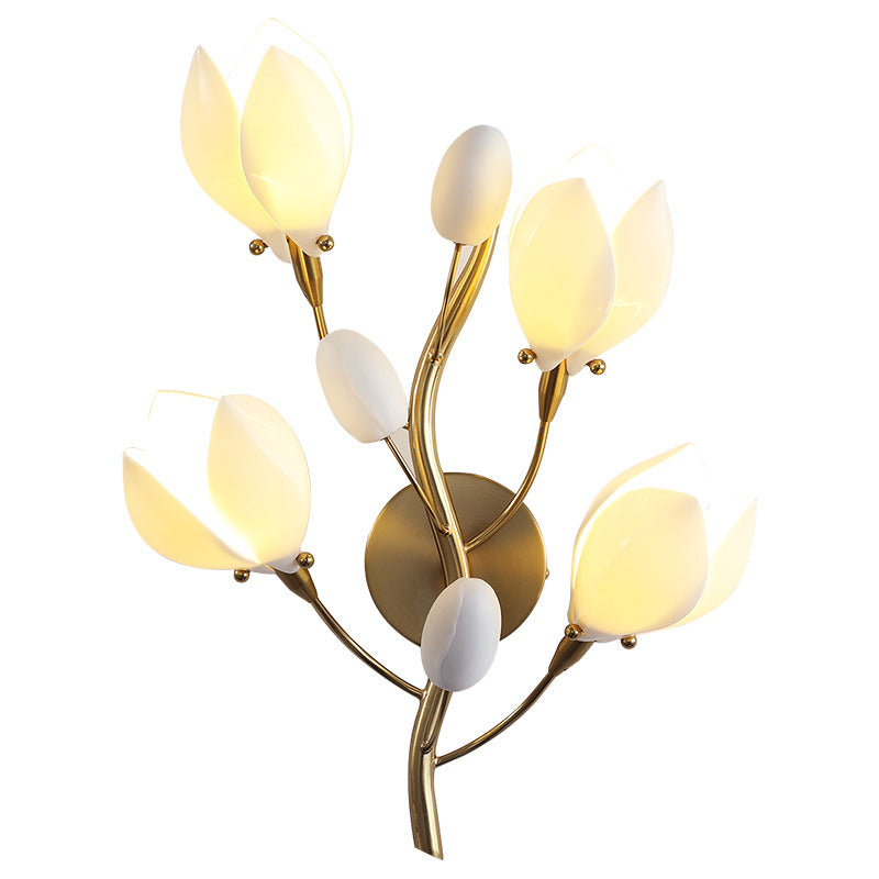 Contemporary Creative Iron & Ceramic Magnolia-Shaped 4-Light Wall Sconce Lamp For Bedroom & Living Room