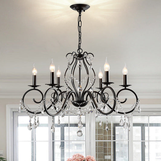 Traditional European Iron & Crystal Branch-Shaped 6/8-Light Chandelier With Tassels For Bedroom & Living Room