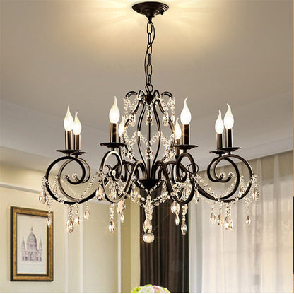 Traditional European Iron & Crystal Branch-Shaped 6/8-Light Chandelier With Tassels For Bedroom & Living Room