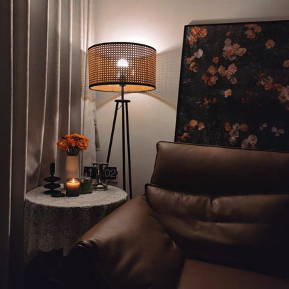 Modern Minimalist Rattan Iron Cylindrical Shade 1-Light Standing Floor Lamp For Bedroom And Living Room