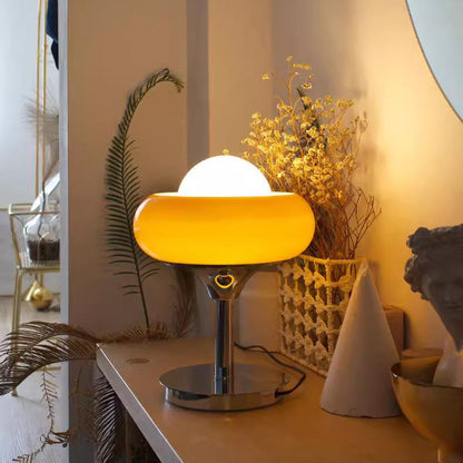 Contemporary Creative Metal & Glass Egg Tart-Shape Round 1-Light Table Lamp For Bedroom & Living Room