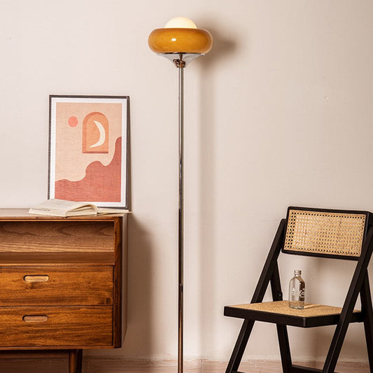 Contemporary Creative Metal & Glass Egg Tart-Shape 1-Light Standing Floor Lamp For Bedroom & Living Room