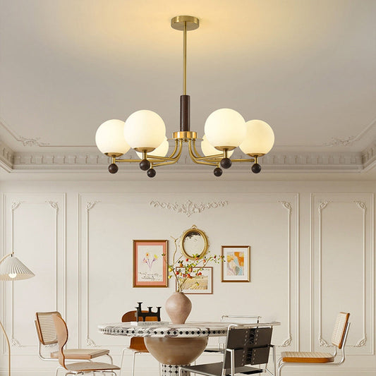 Modern Mid-Century Wood, Glass & Iron Round 6/8-Light Chandelier For Bedroom & Living Room