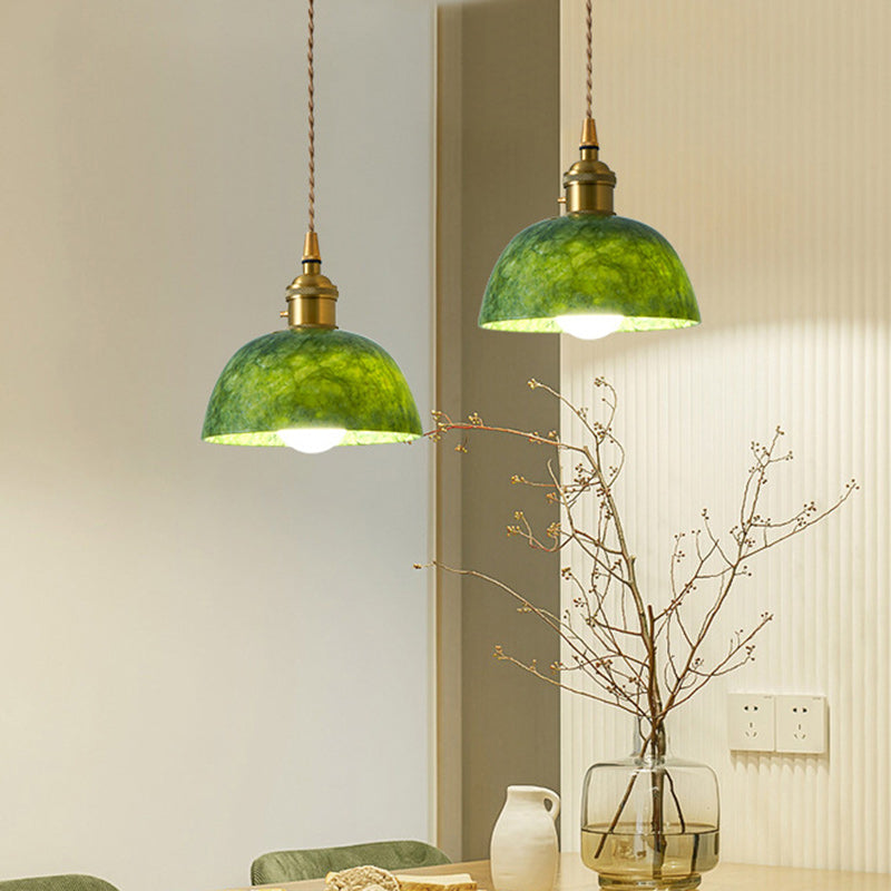 Traditional Japanese Globe & Cylinder & Semi-circle Jade Stone Metal 1-Light Pendant Light For Bedroom & Living Room