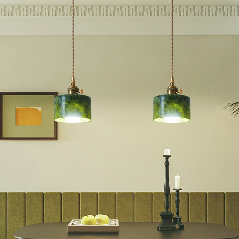 Traditional Japanese Globe & Cylinder & Semi-circle Jade Stone Metal 1-Light Pendant Light For Bedroom & Living Room
