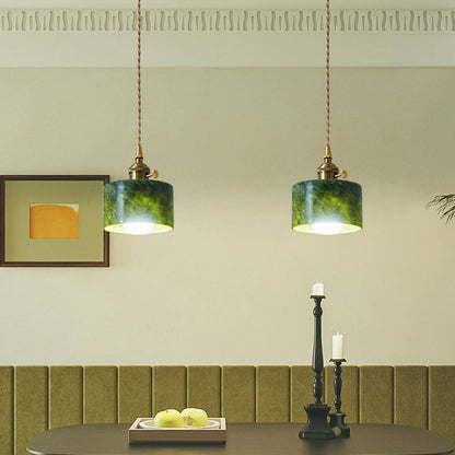 Traditional Japanese Globe & Cylinder & Semi-circle Jade Stone Metal 1-Light Pendant Light For Bedroom & Living Room