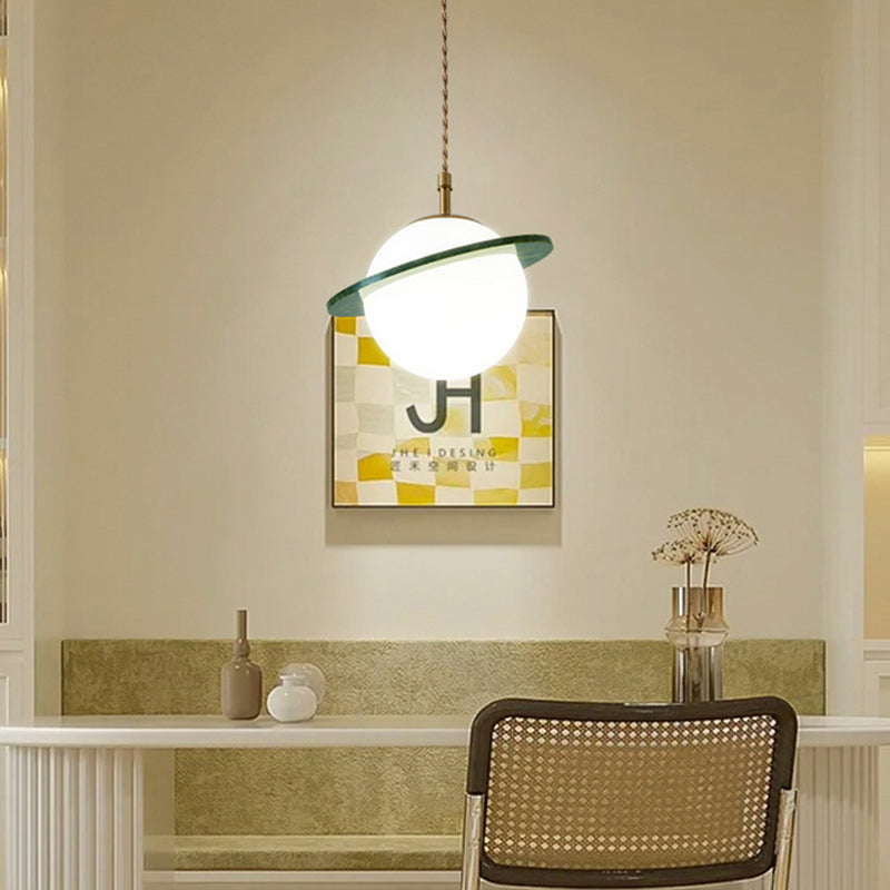 Traditional Japanese Globe & Cylinder & Semi-circle Jade Stone Metal 1-Light Pendant Light For Bedroom & Living Room