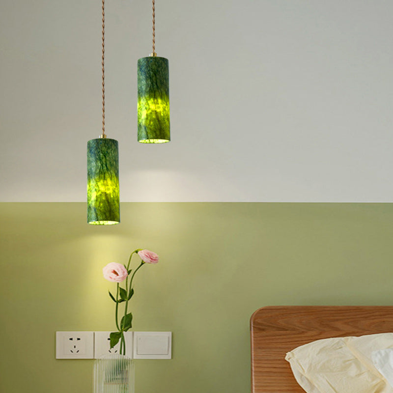 Traditional Japanese Globe & Cylinder & Semi-circle Jade Stone Metal 1-Light Pendant Light For Bedroom & Living Room
