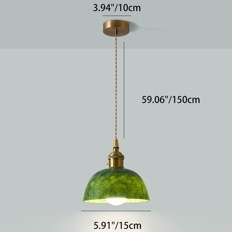 Traditional Japanese Globe & Cylinder & Semi-circle Jade Stone Metal 1-Light Pendant Light For Bedroom & Living Room