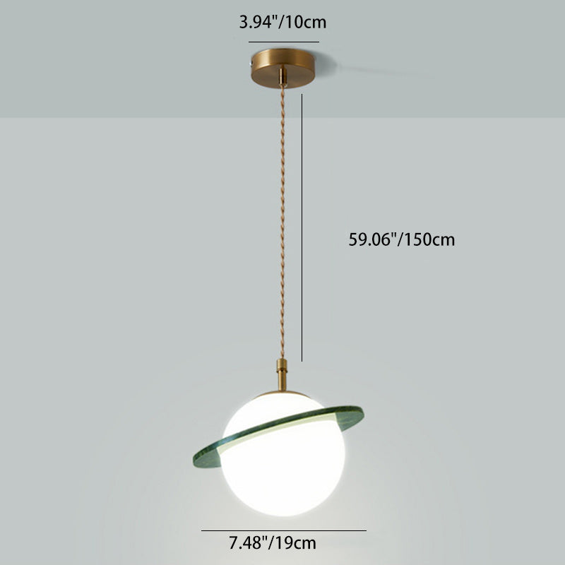 Traditional Japanese Globe & Cylinder & Semi-circle Jade Stone Metal 1-Light Pendant Light For Bedroom & Living Room