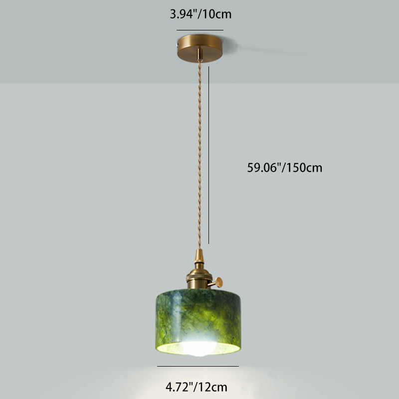 Traditional Japanese Globe & Cylinder & Semi-circle Jade Stone Metal 1-Light Pendant Light For Bedroom & Living Room