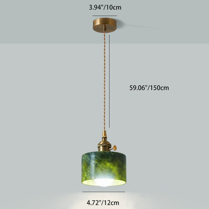 Traditional Japanese Globe & Cylinder & Semi-circle Jade Stone Metal 1-Light Pendant Light For Bedroom & Living Room
