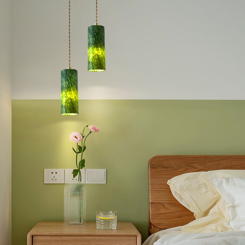 Traditional Japanese Globe & Cylinder & Semi-circle Jade Stone Metal 1-Light Pendant Light For Bedroom & Living Room