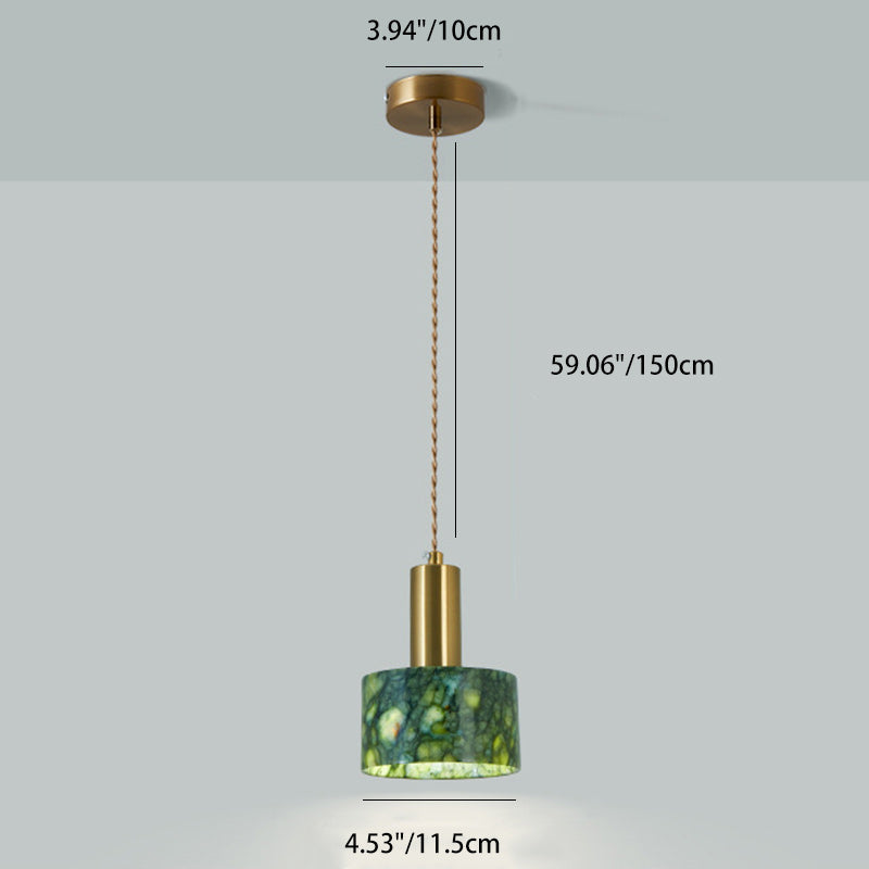 Traditional Japanese Globe & Cylinder & Semi-circle Jade Stone Metal 1-Light Pendant Light For Bedroom & Living Room