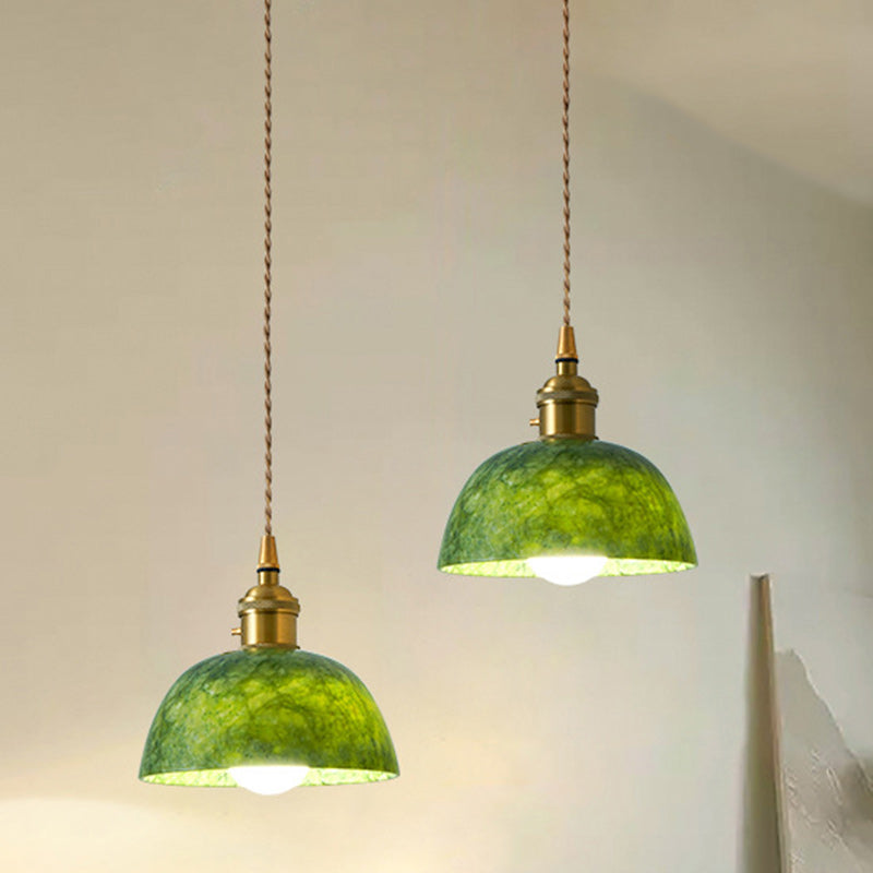 Traditional Japanese Globe & Cylinder & Semi-circle Jade Stone Metal 1-Light Pendant Light For Bedroom & Living Room