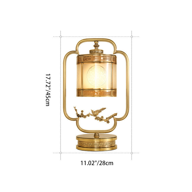 Traditional Chinese Copper & Glass Cylindrical 1-Light Table Lamp For Bedroom & Living Room