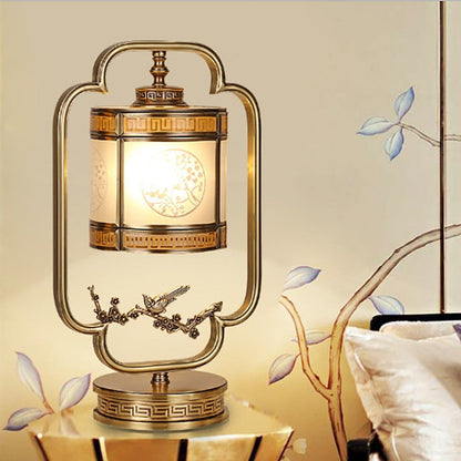 Traditional Chinese Copper & Glass Cylindrical 1-Light Table Lamp For Bedroom & Living Room